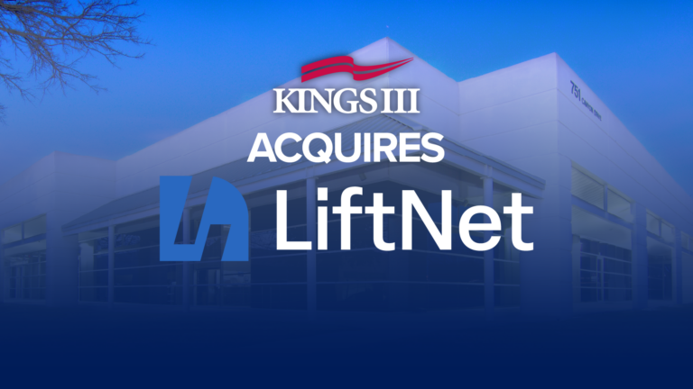 LiftNet Elevator Monitoring Announces New Chapter as a Kings III Brand Kings III ACQUIRES LIFTNET white font against a blue background with Kings III and LiftNet logos