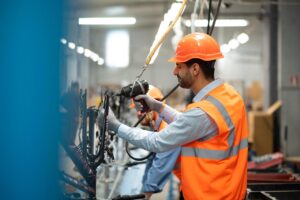 Elevator Maintenance & Elevator Monitoring: What’s the Difference? man in orange vest with orange constuction hat and a long sleeved shirt working on an elevator with a black drill